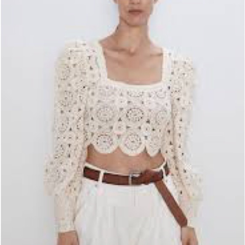 Zara Open Knit Crochet Lace Long Sleeve Blouse Sz S